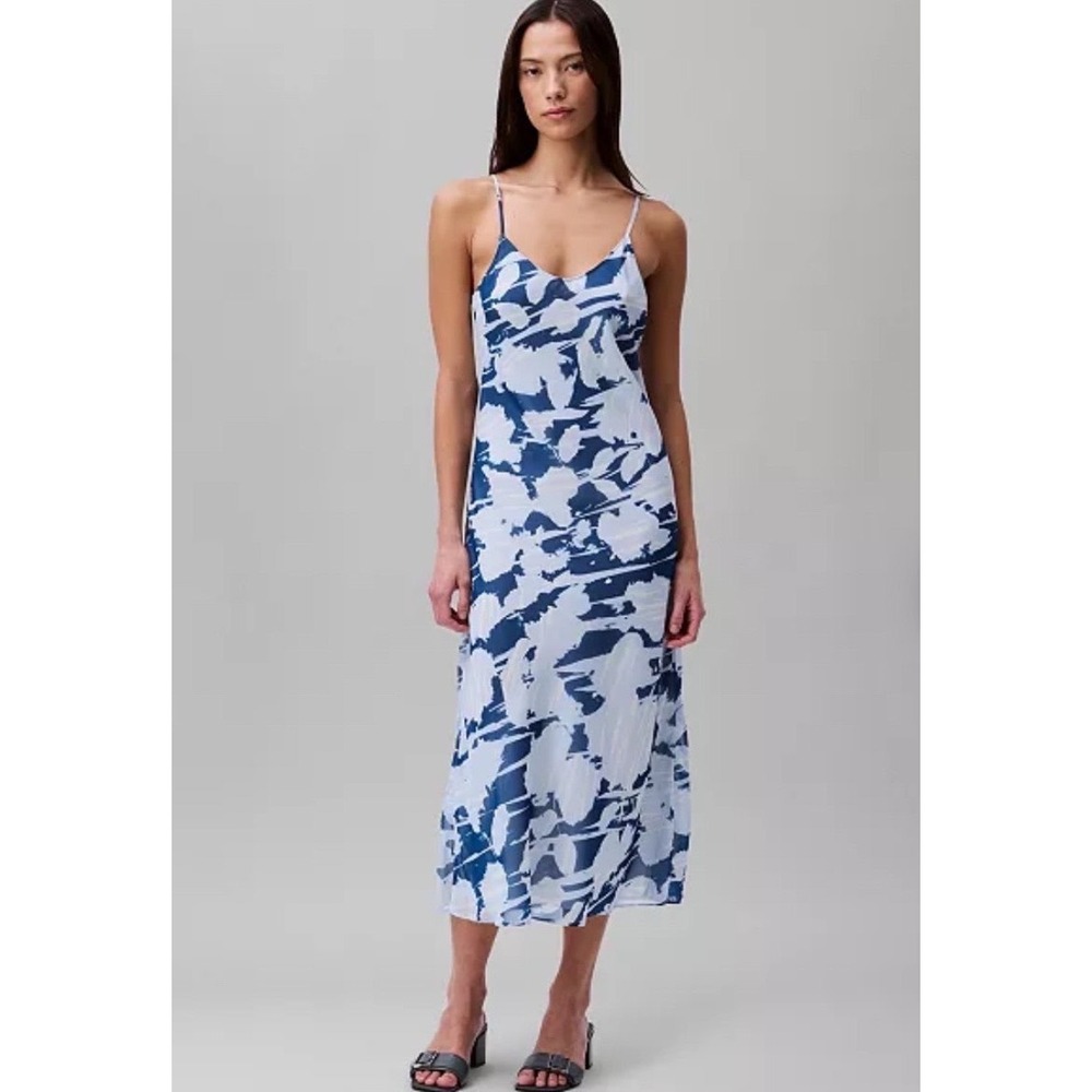 Calvin Klein Slip Midi Dress S Blue White Summer Print Chiffon NWOT